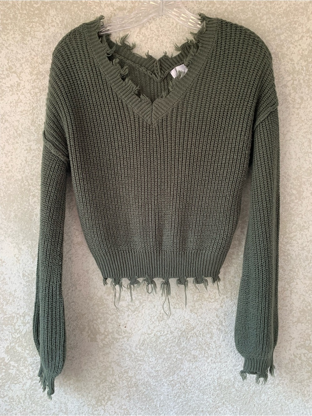 Freshman Olive Green Distressed V-Neck Sweater